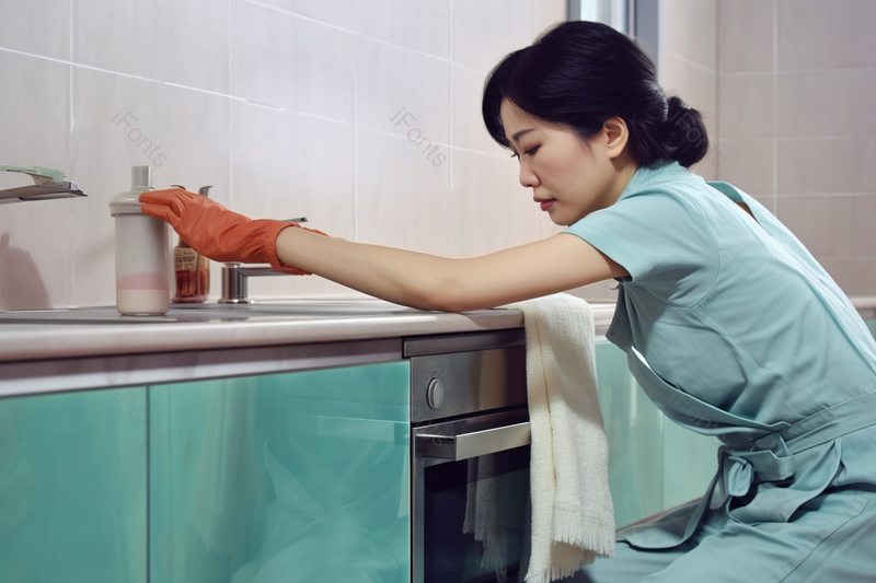 穿蓝色短袖戴橙色手套打扫厨房的居家女性,高清,摄影图,摄影图片,图片大全,摄影图免费下载